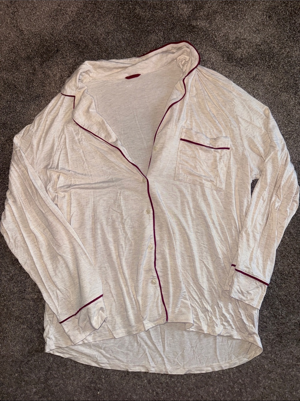 Aerie Cream Button-Up Pajama Shirt with Burgundy Trim